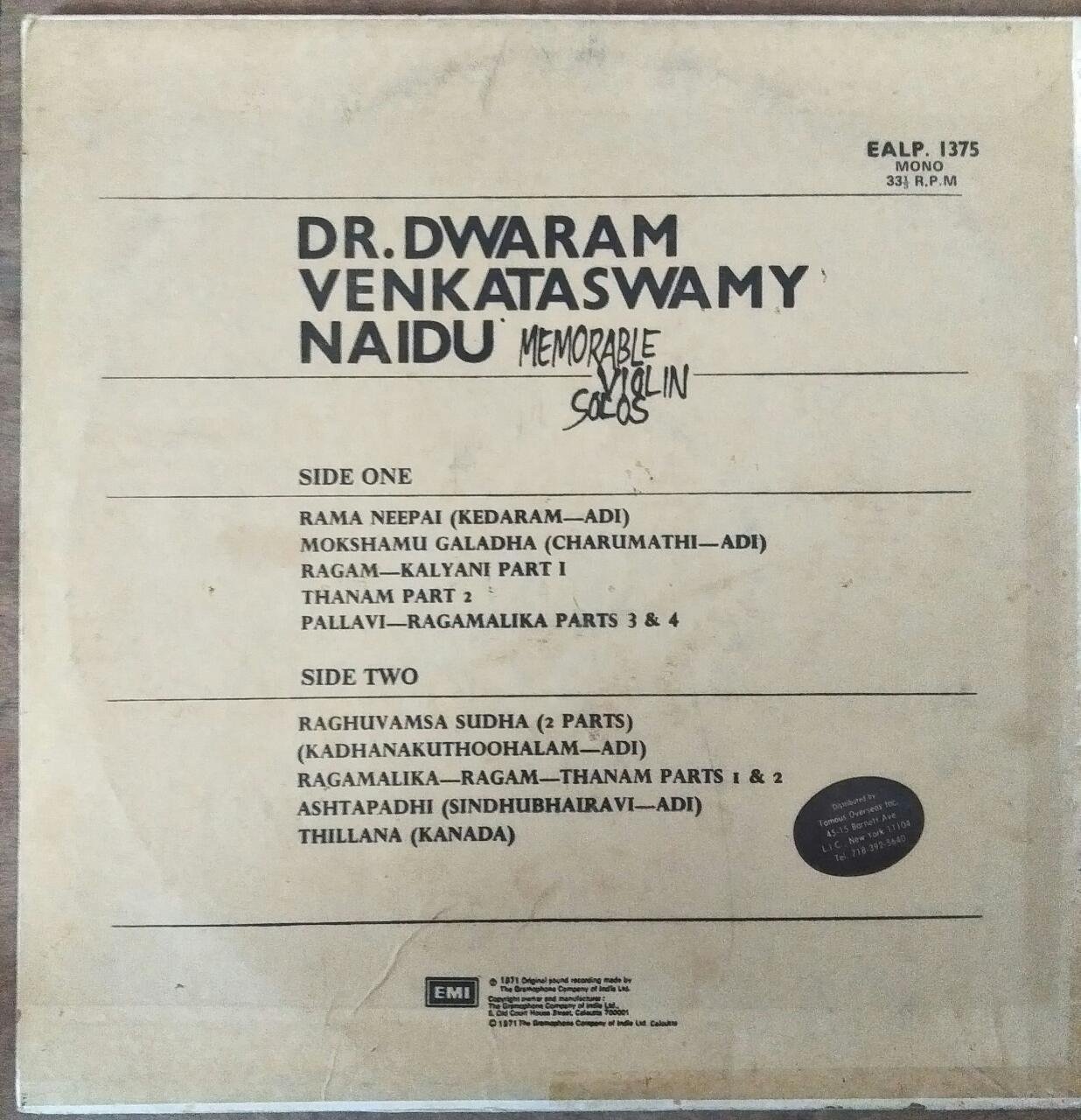Memorable Violin Solos LP Vinyl Record by Dr. Dwaram Venkataswamy Naidu www.mossymart.com
