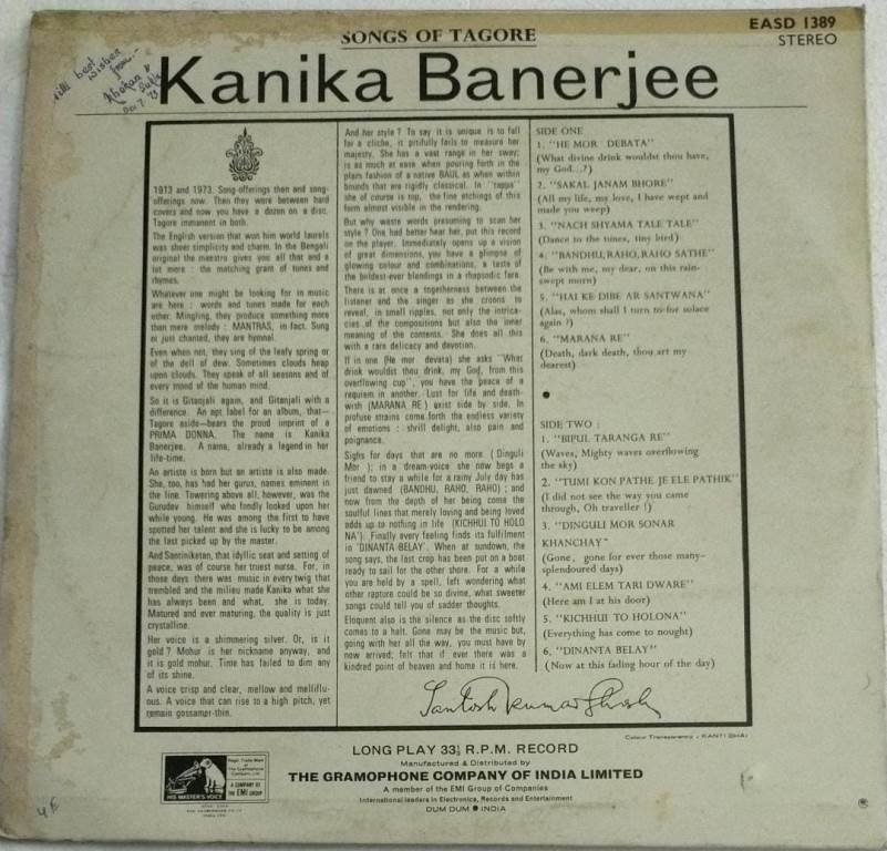 Songs of Tagore Bengali Songs LP Vinyl Record by Kanika Banerjee